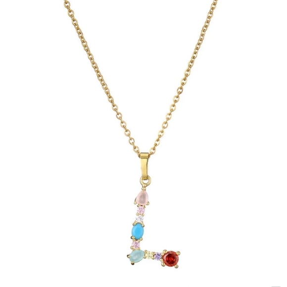 L Letter Pendant Necklace Multicolor Rhinestones Gold Tone Chain - Picture 12 of 16